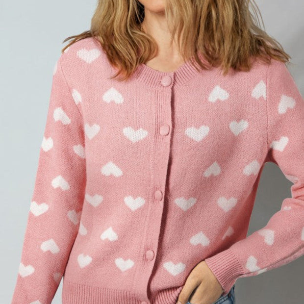 Pink Heart Pattern Knit Button-Front Cardigan for Women