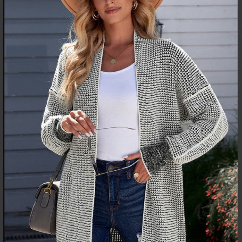 Women’s Black & White Textured Knit Open-Front Cardigan