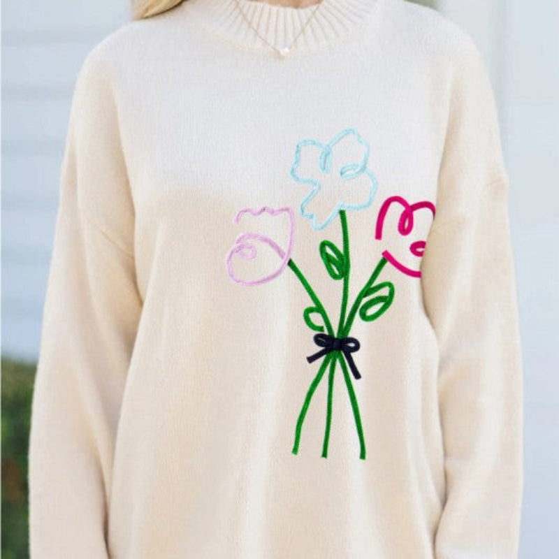 Women’s Cream Knit Sweater with Embroidered Floral Bouquet