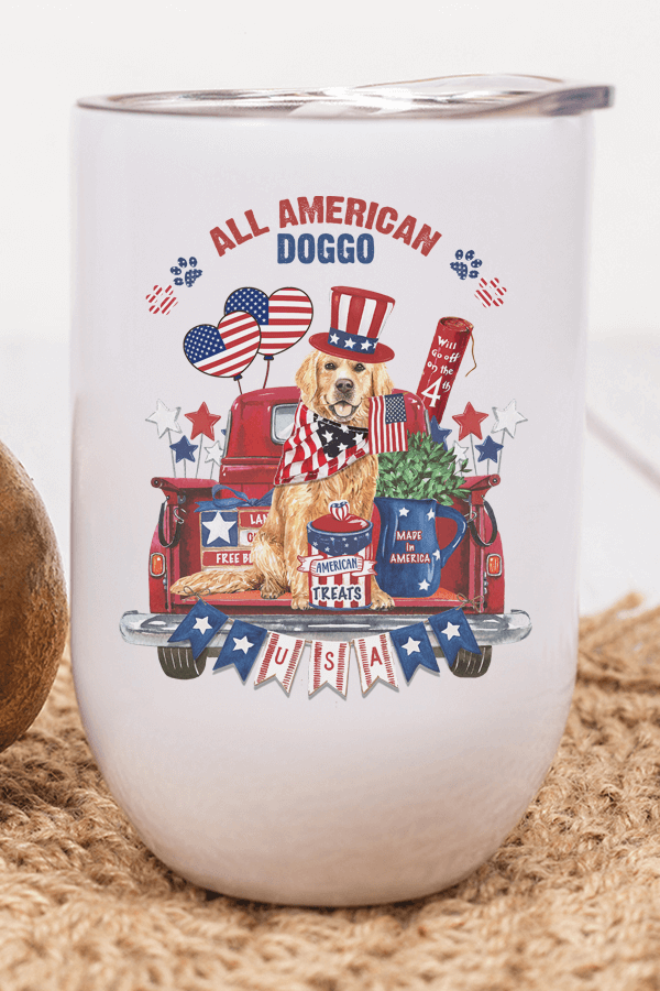 All American Doggo wine cup featuring a patriotic design with a dog, perfect for parties and gatherings.