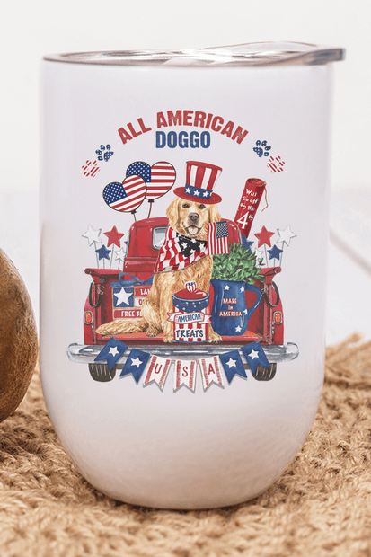 All American Doggo wine cup featuring a patriotic design with a dog, perfect for parties and gatherings.