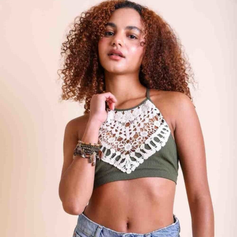 Women Crochet Lace Halter Neck Crop Top – Sleeveless Boho Bralette