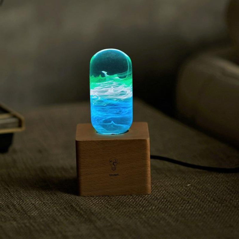 LED Light Bulb Lamp with Wooden Base - Colorful Swirl Gradient Design