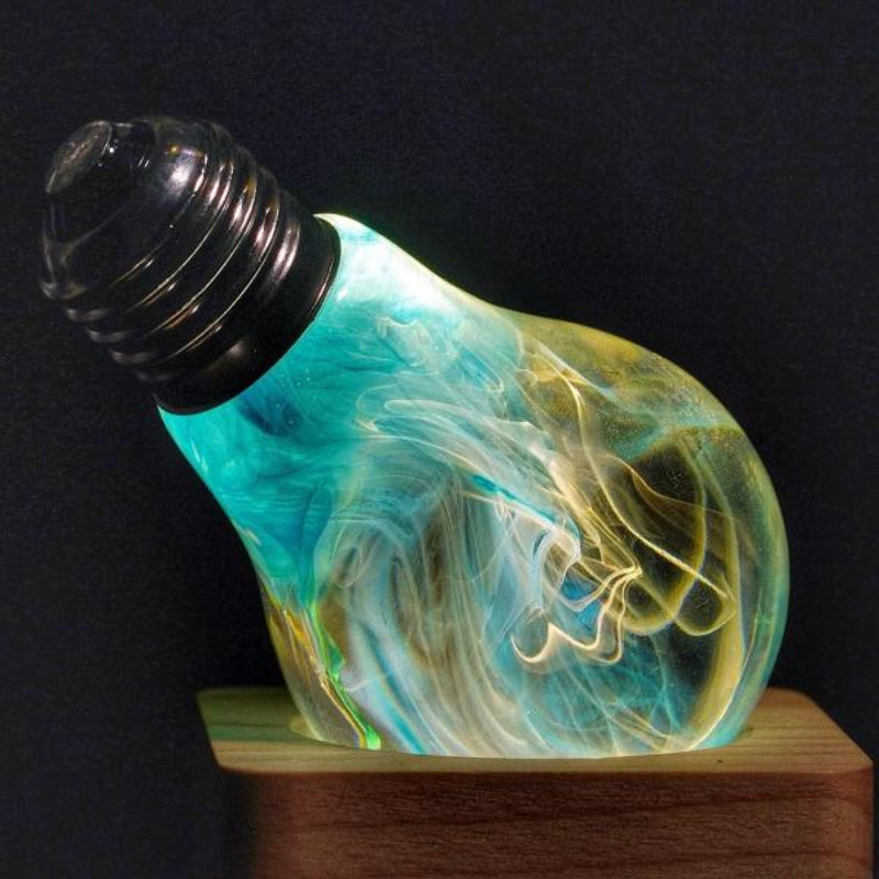 Blue Swirl Glass Decorative Light Bulb with Wooden and Metal Base