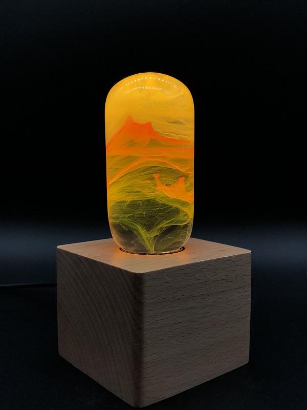 Yellow Orange Swirl Glass Decorative Lamp Bulb with Wooden and Metal Base