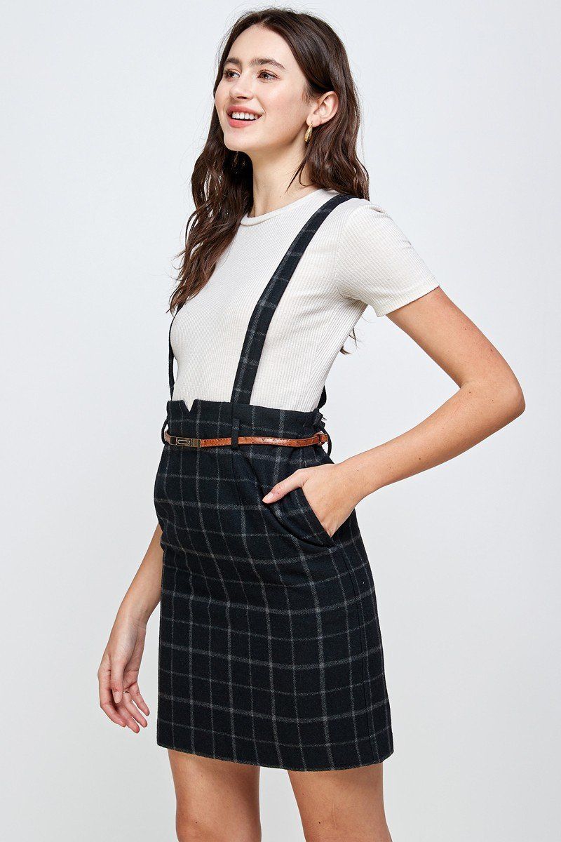 Plaid Suspender Skirt Belted