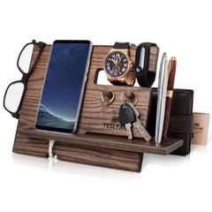 Wood Phone Docking Station Ash Key Hooks Holder Wallet Stand Watch