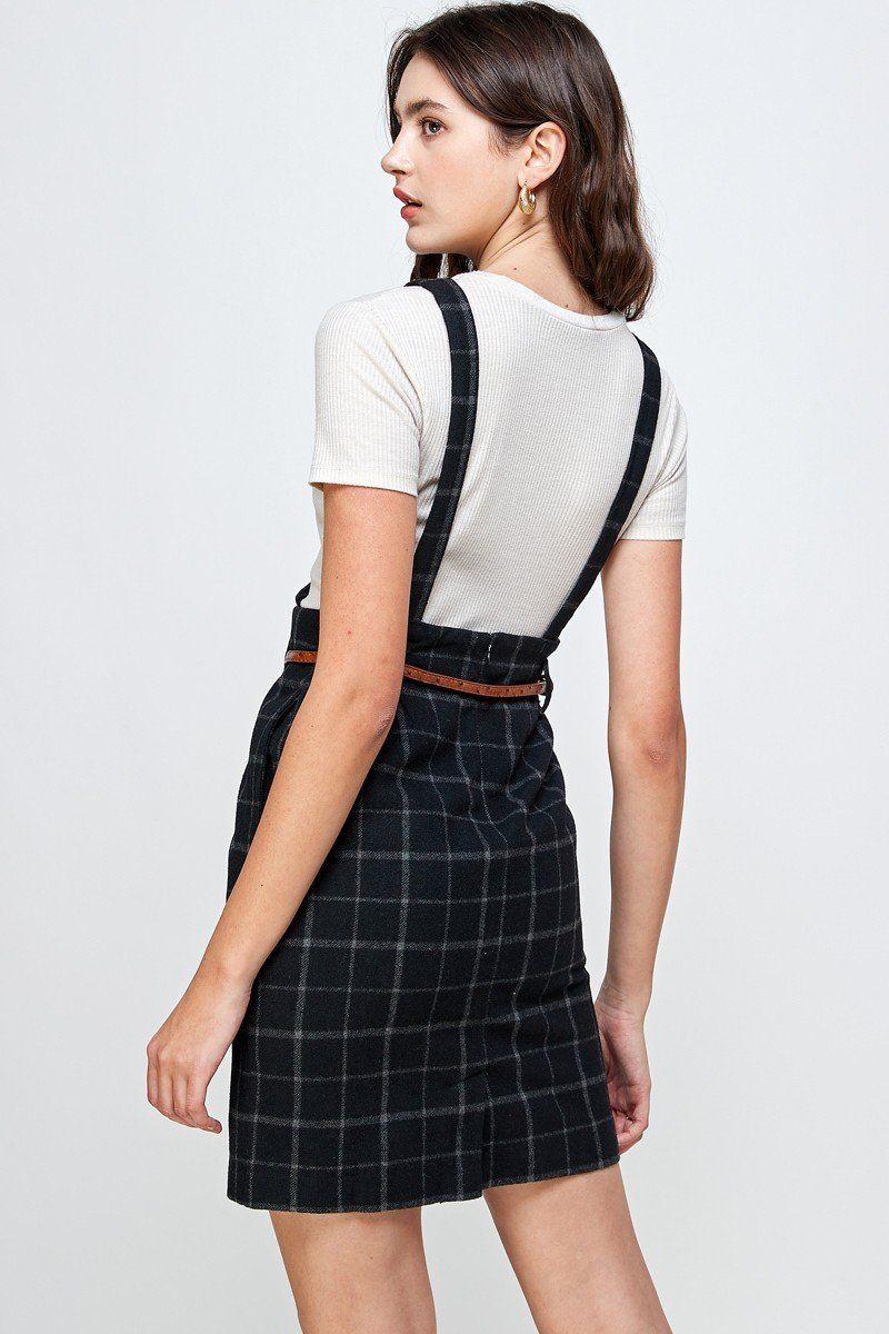 Plaid Suspender Skirt Belted