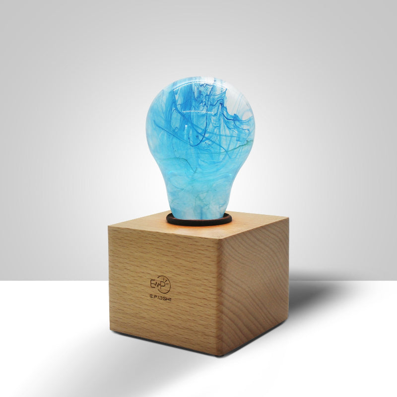 Blue Swirl Glass Decorative Light Bulb with Wooden and Metal Base