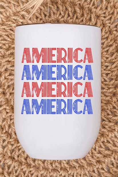 Patriotic America Tumbler with vibrant red and blue text design for festive gatherings and daily use.
