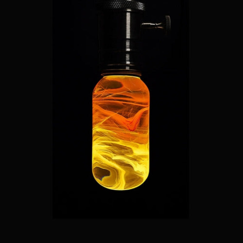Yellow Orange Swirl Glass Decorative Lamp Bulb with Wooden and Metal Base