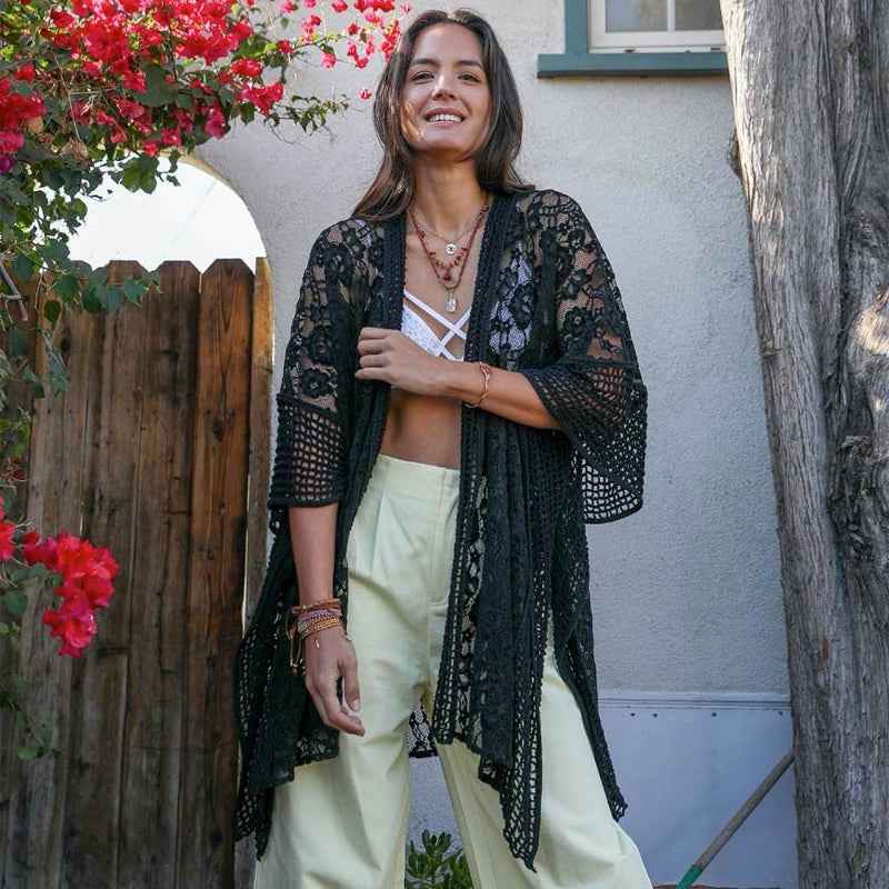 Boho Lace Kimono Cardigan Open Front Sheer Cover Up