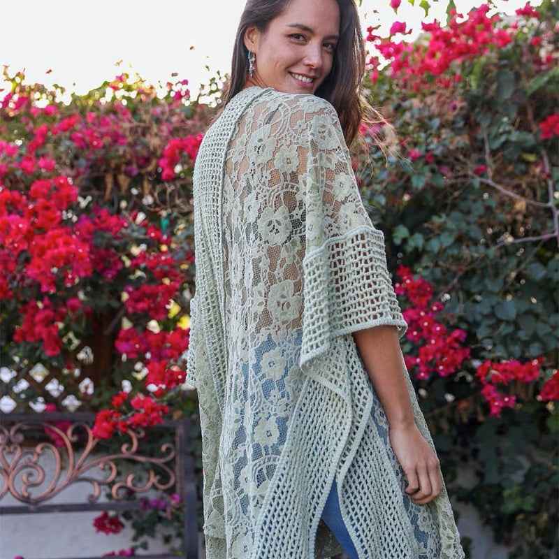 Boho Lace Kimono Cardigan Open Front Sheer Cover Up