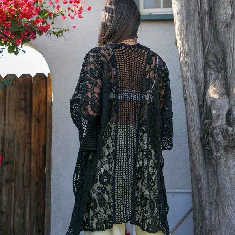 Boho Lace Kimono Cardigan Open Front Sheer Cover Up