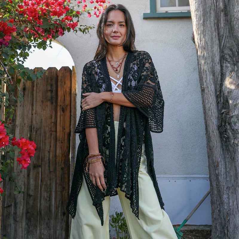 Boho Lace Kimono Cardigan Open Front Sheer Cover Up