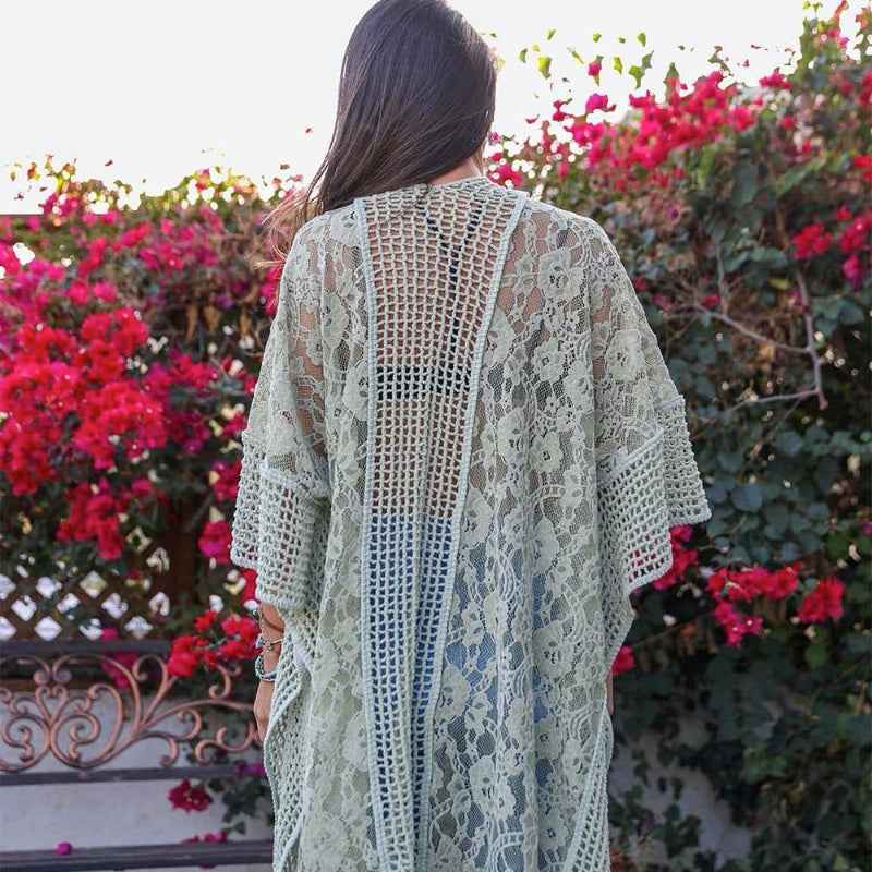 Boho Lace Kimono Cardigan Open Front Sheer Cover Up