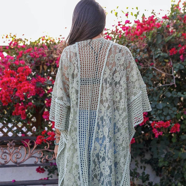 Boho Lace Kimono Cardigan Open Front Sheer Cover Up