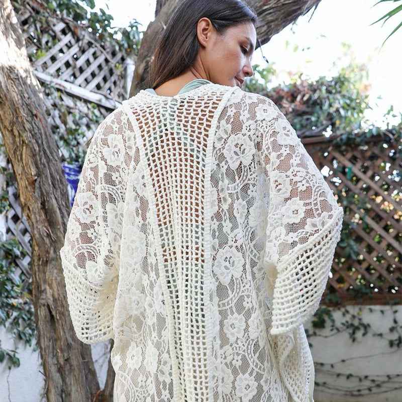 Boho Lace Kimono Cardigan Open Front Sheer Cover Up
