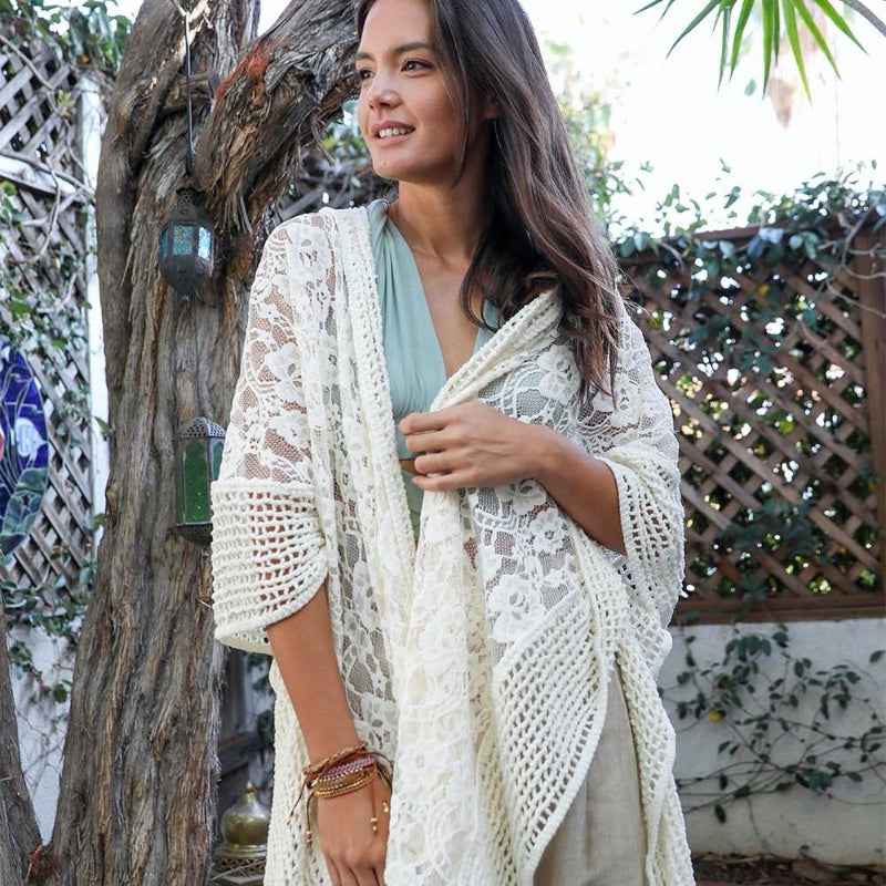 Boho Lace Kimono Cardigan Open Front Sheer Cover Up