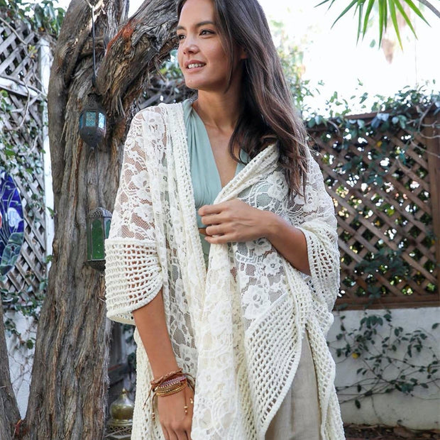 Boho Lace Kimono Cardigan Open Front Sheer Cover Up