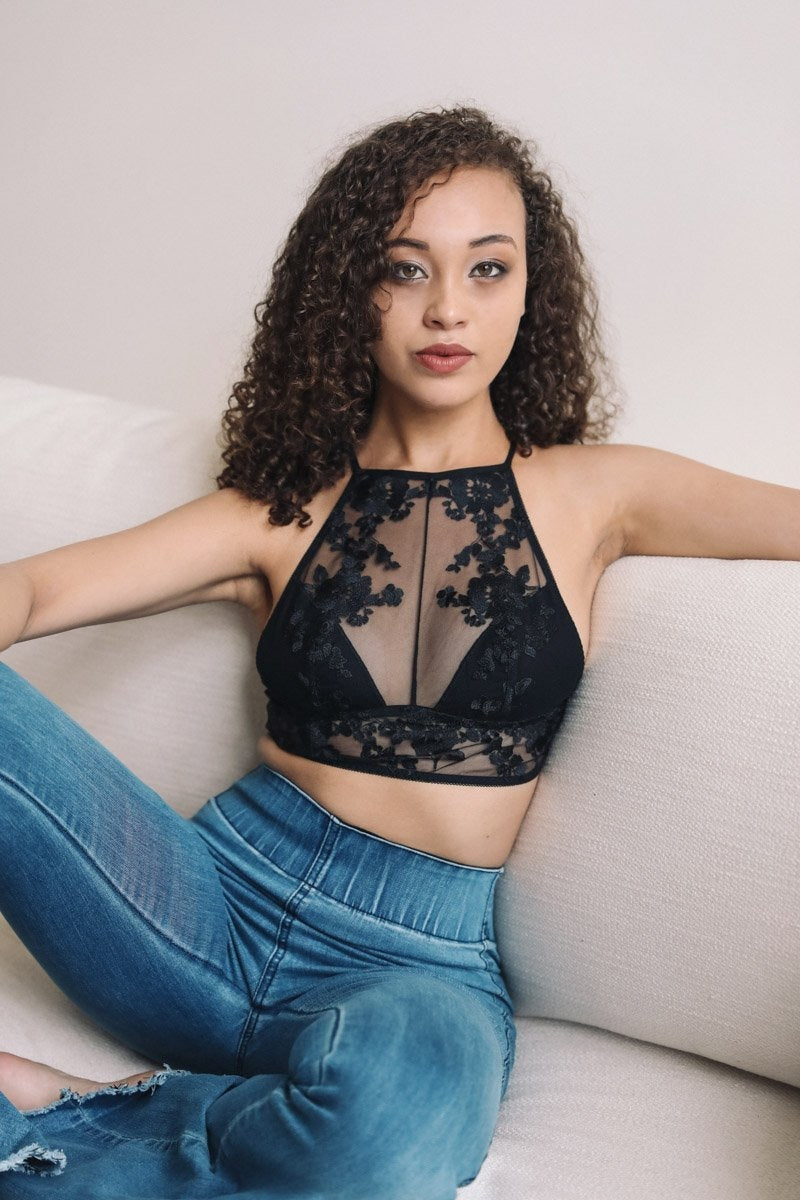 Embroidered Lace High-Neck Bralette