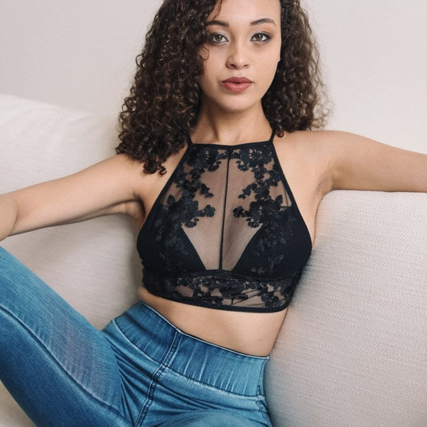 Bralette à col montant en dentelle brodée 