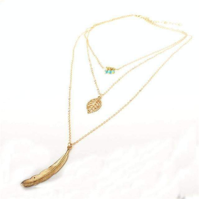 Collier multicouches en plumes et feuilles turquoise