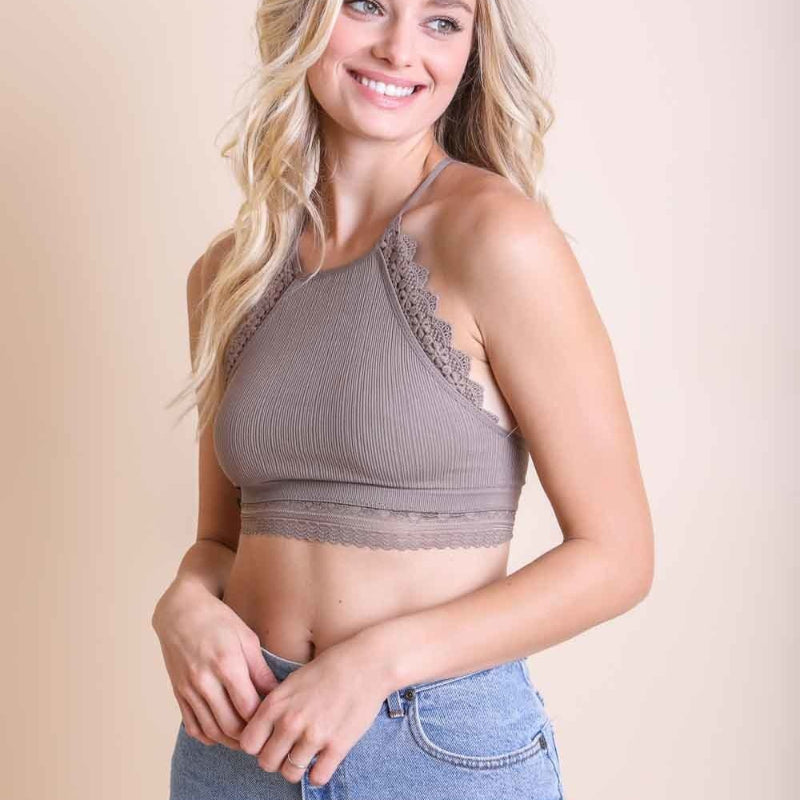 Women Ribbed Lace Trim Bralette Crop Top