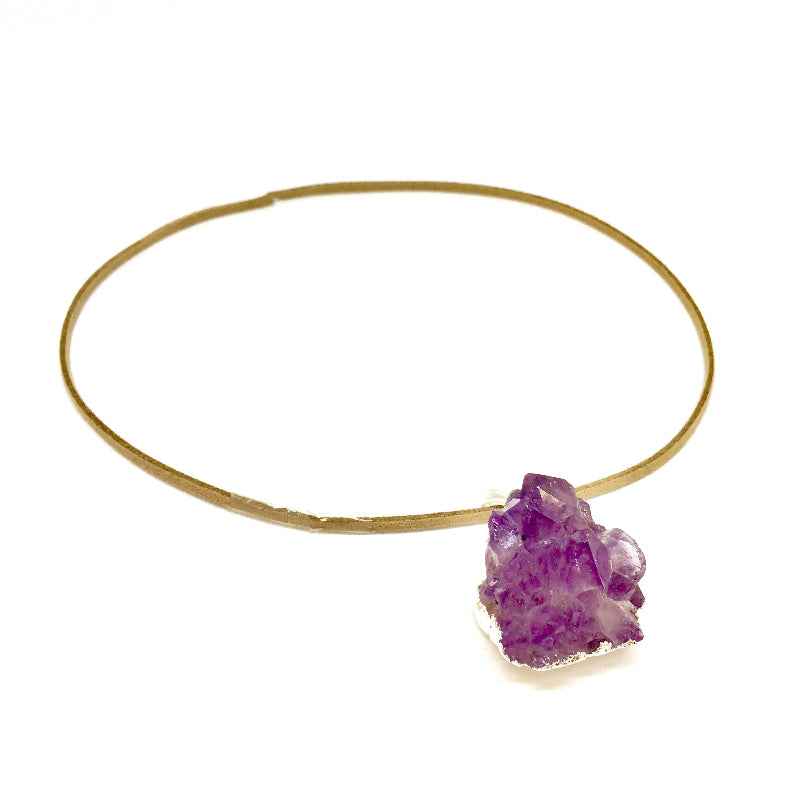 Purple Raw Crystal Pendant Necklace Gold Chain