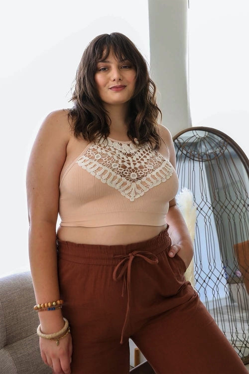 Women Crochet Lace Halter Neck Crop Top – Sleeveless Boho Bralette