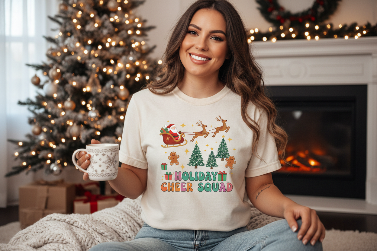 Make a cute womens festive christmas t shirt with her wearing it please