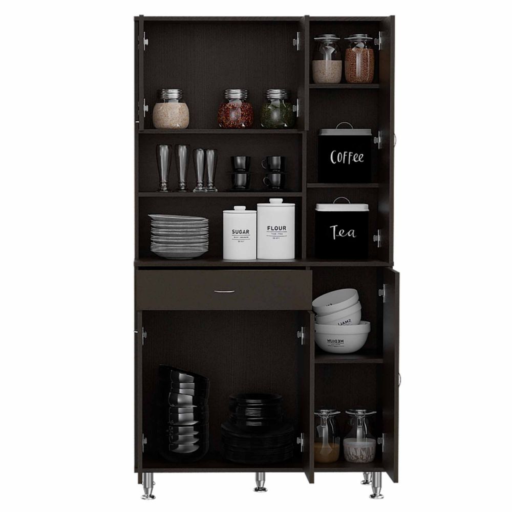 Kitchen Pantry, Double Door Cabinet, Black Wengue Finish