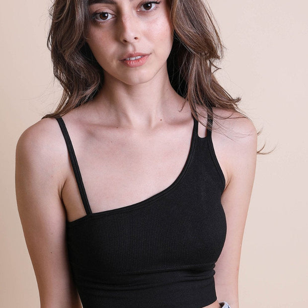 Women One Shoulder Ribbed Crop Top – Sleeveless Slim Fit Top