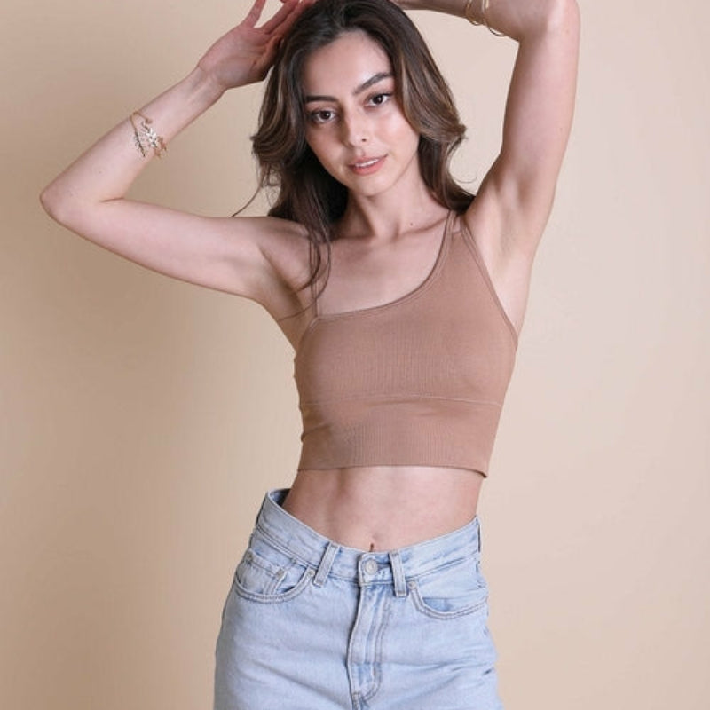 Women One Shoulder Ribbed Crop Top – Sleeveless Slim Fit Top