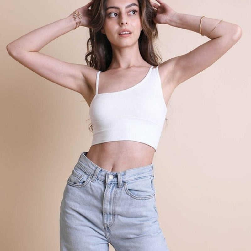 Women One Shoulder Ribbed Crop Top – Sleeveless Slim Fit Top