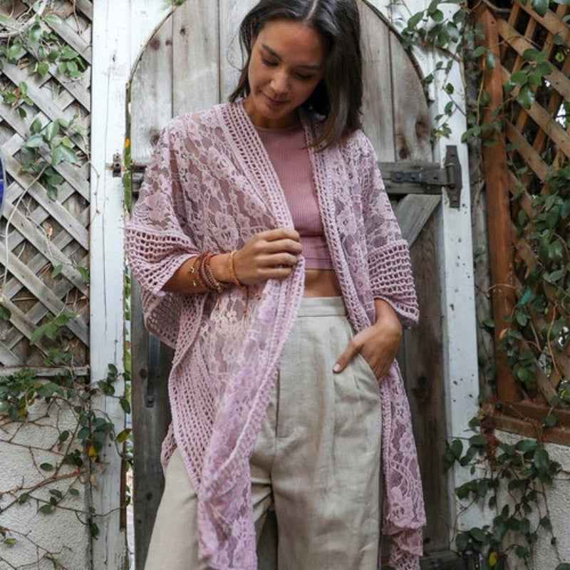 Boho Lace Kimono Cardigan Open Front Sheer Cover Up