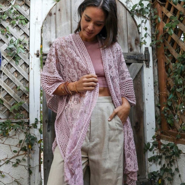 Boho Lace Kimono Cardigan Open Front Sheer Cover Up