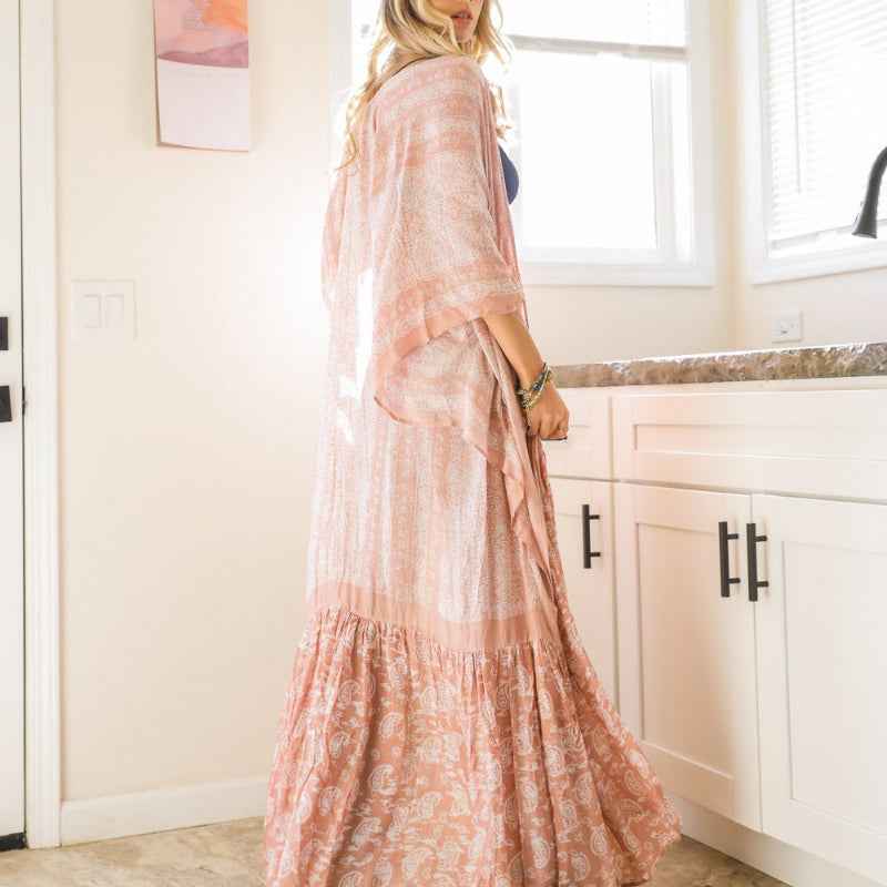 Women Printed Long Kimono Cardigan Sheer Cover Up