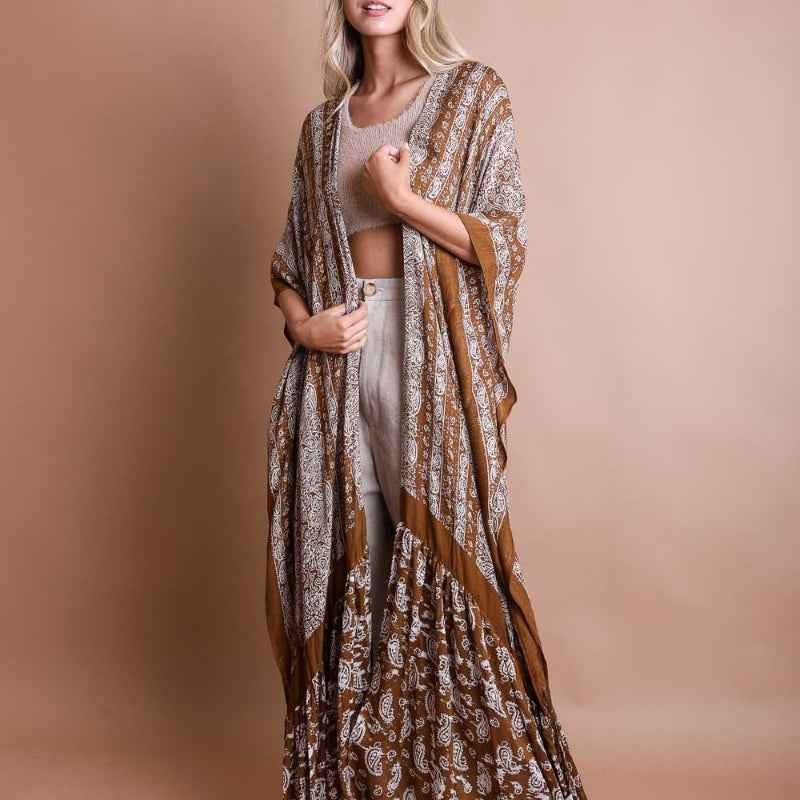 Women Printed Long Kimono Cardigan Sheer Cover Up