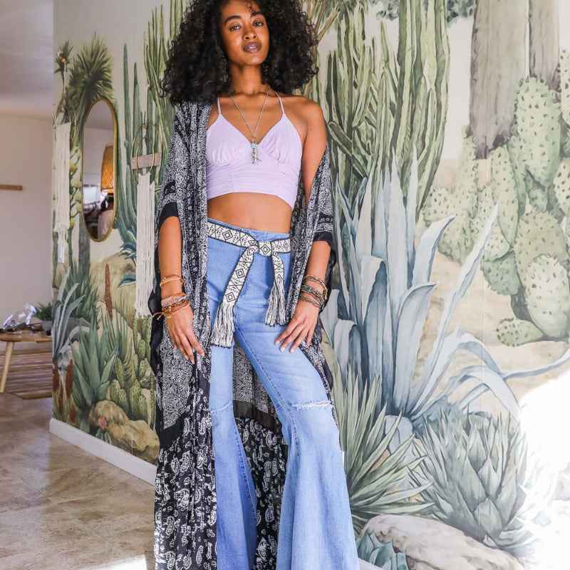 Women Printed Long Kimono Cardigan Sheer Cover Up