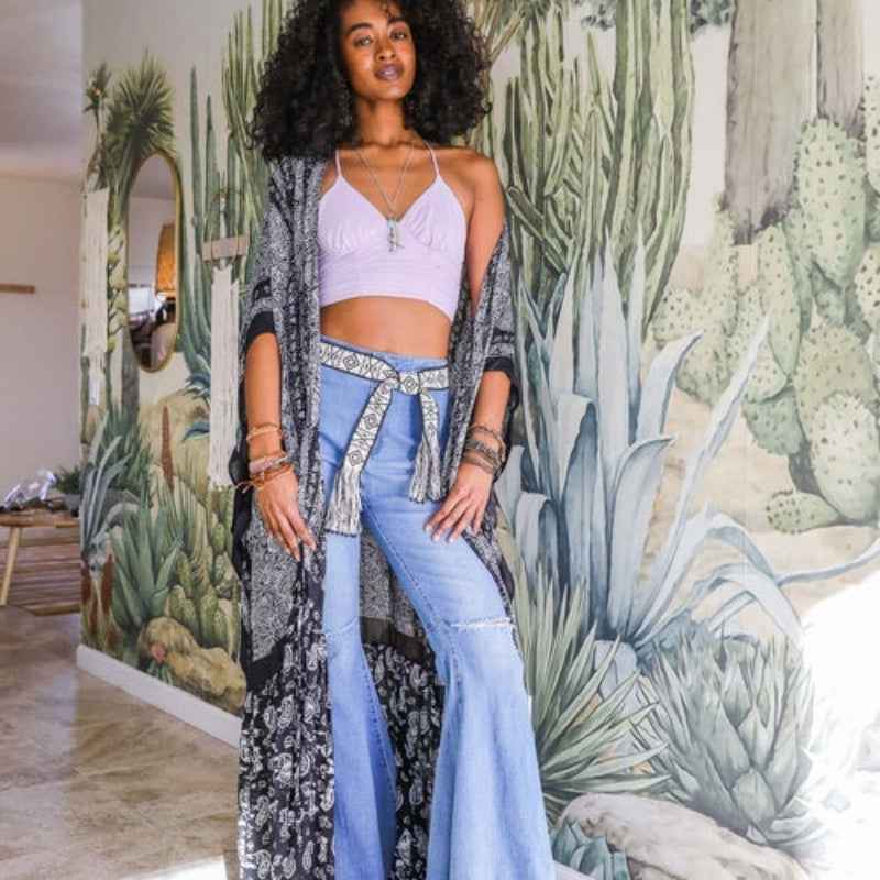 Women Printed Long Kimono Cardigan Sheer Cover Up