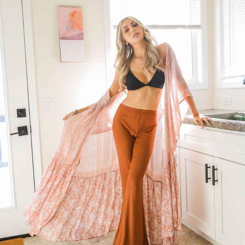 Women Printed Long Kimono Cardigan Sheer Cover Up