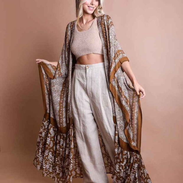 Women Printed Long Kimono Cardigan Sheer Cover Up