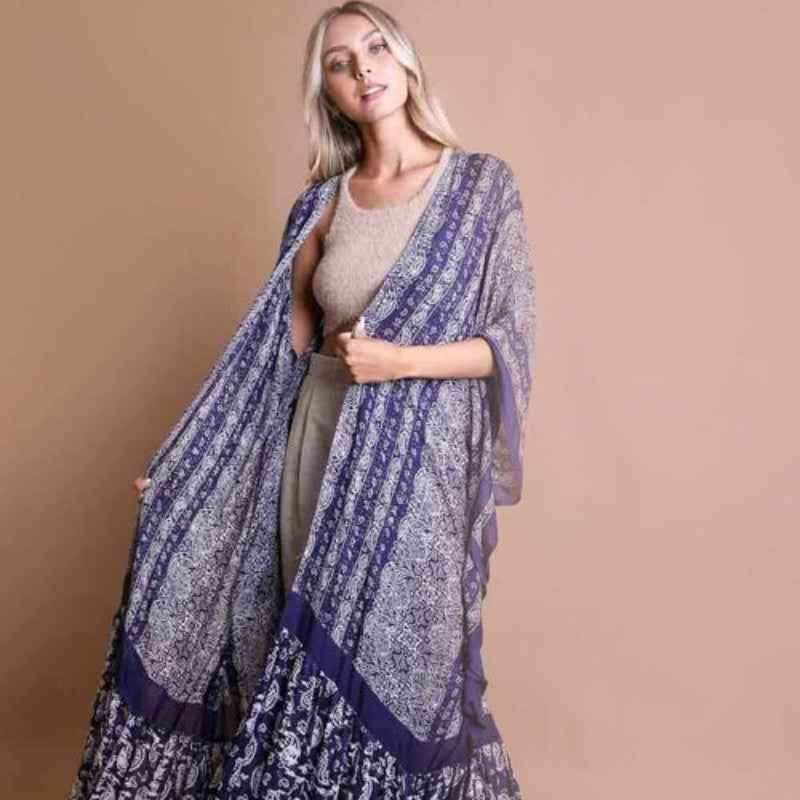 Women Printed Long Kimono Cardigan Sheer Cover Up