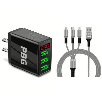 PBG 3 port LED Display Wall Charger  and 3 in 1 Cable Bundle