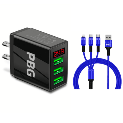 PBG 3 port LED Display Wall Charger  and 3 in 1 Cable Bundle