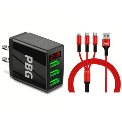 PBG 3 port LED Display Wall Charger  and 3 in 1 Cable Bundle