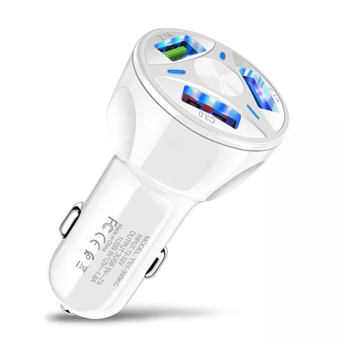 Fast 7A 3-Port USB Car Charger with QC 3.0 & LED - Black/White