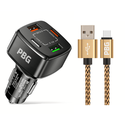 PBG Black PD 4-Port Fast Car Charger with 10FT Cord For iPhone