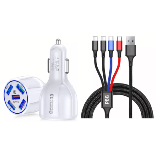 PBG 5-Port LED Car Charger & 4-in-1 Nylon Multi-Cable Bundle 4FT